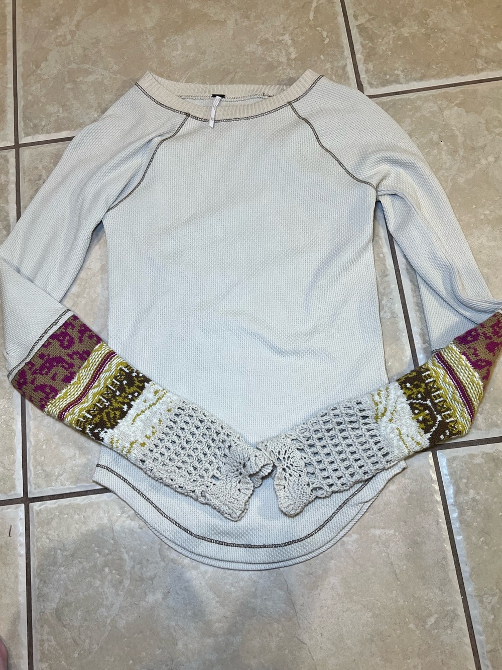 Free People Cream Waffle Knit Long Sleeve Top with Patterned Sleeves